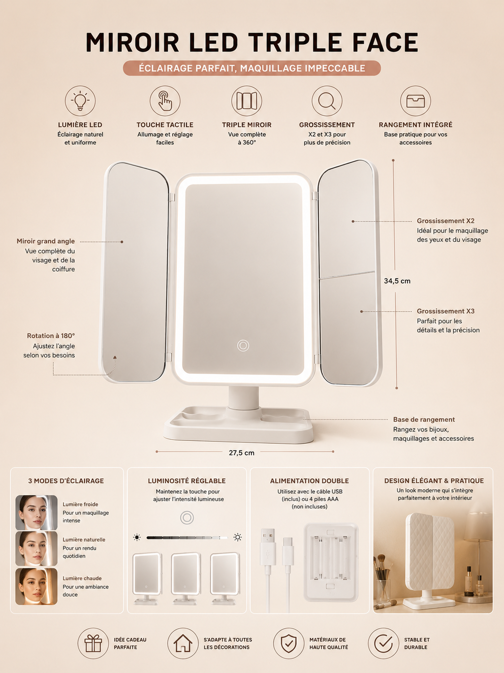 Miroir AURA™ – Éclairage Professionnel 360°